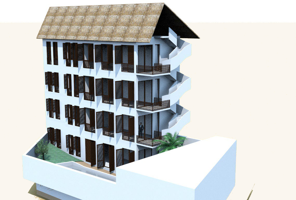 3D render of the south and east facade of Shela Estate showing balconies, mashrabiya shutters and the makuti thatched roof