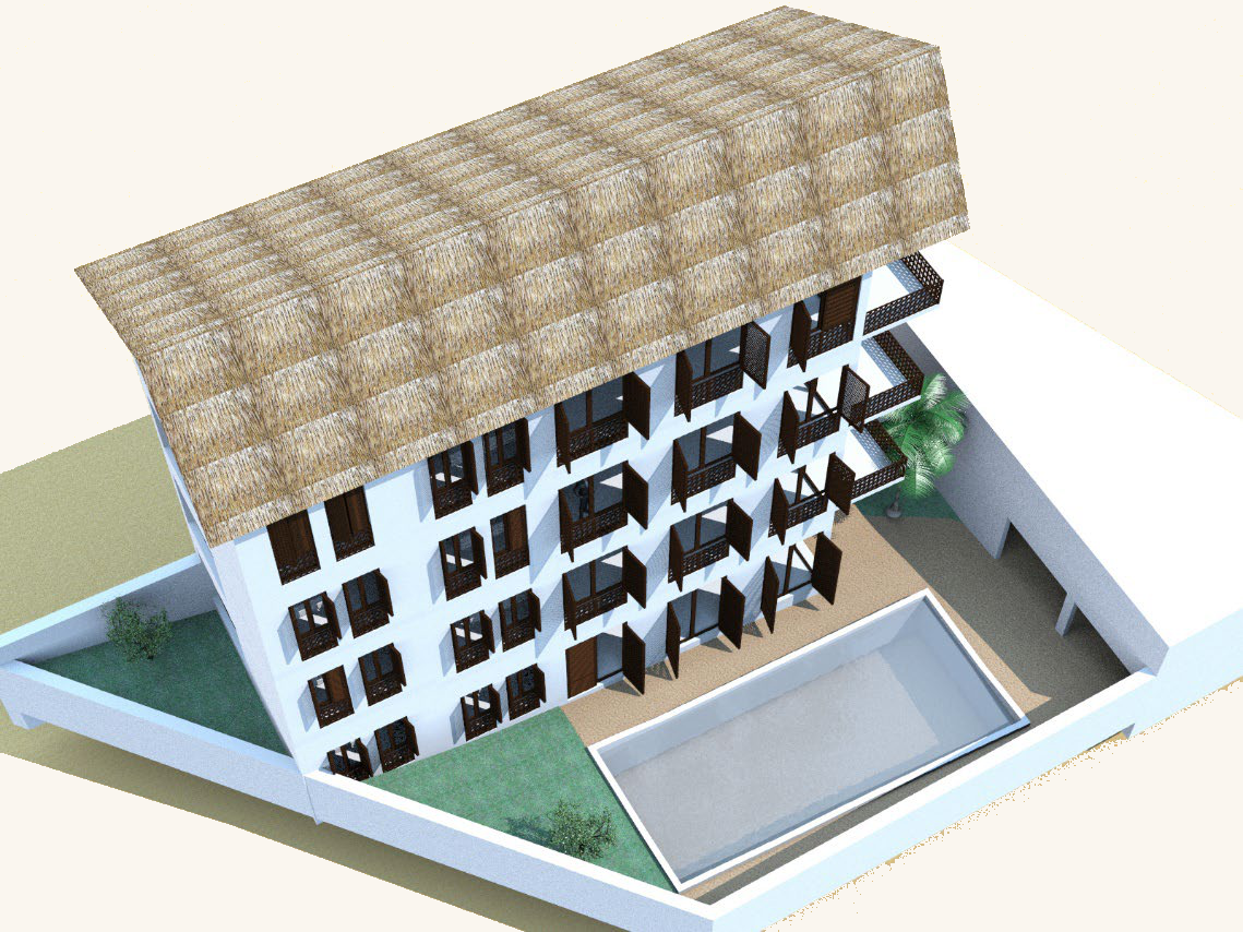 3D model of the entire Shela Estate building with makuti thatched roof and communal swimming pool in the courtyard garden